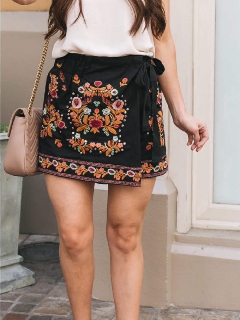 Goodnight Macaroon Black Wrap Mini Skort with Multicolor Floral Embroidery Small